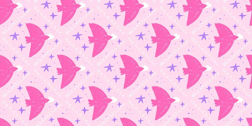 Romantic bird seamless pattern with pink crayon silhouettes and hearts on pastel Illustrazione stock
