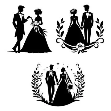Romantic Black and White Wedding Couple Bride and groom Silhouette set. Stock Illustration