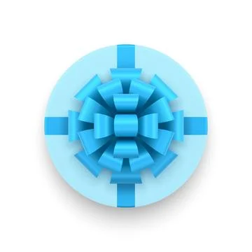 Romantic blue circle gift box with luxury glossy bow ribbon top view 3d ico.. Stock Illustration