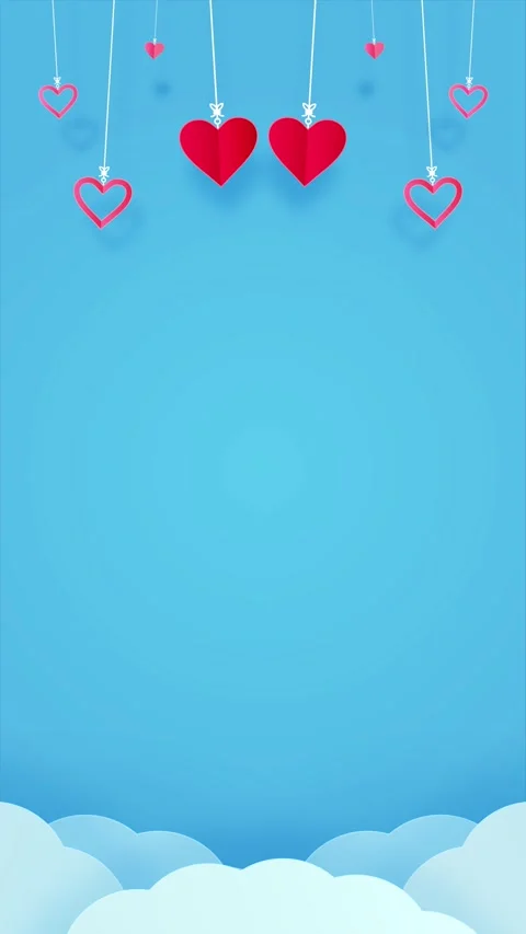 Romantic Blue Cloudscape with Fluffy Clouds &amp; Heartstrings Vertical Animation Stock Footage 262550523