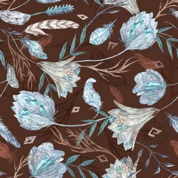 Romantic Boho Chic Watercolor Pattern with Feathers Stock Illustration