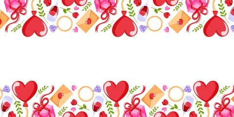 Romantic border frame with heart, rose, gift box, letter, wine glasses, ring and Stock Illustration