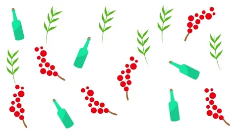 Romantic Botanical Pattern with Glass Bottles Red Berries and Green Leaves Stock Footage 345539929