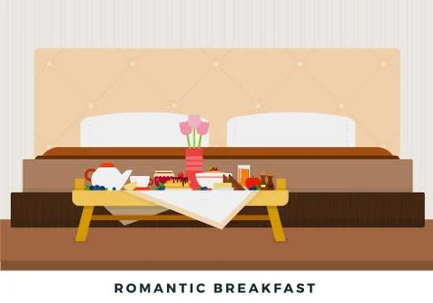 Romantic breakfast in bed on a breakfast table vector flat isolated Stock Illustration