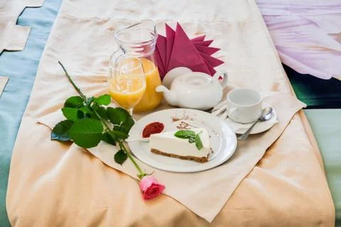 Romantic breakfast on bed Stock Photos