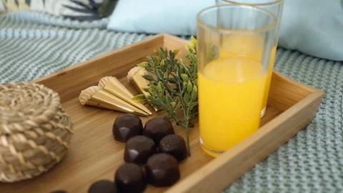 Romantic breakfast on bedding at home. Stock Footage 100394047