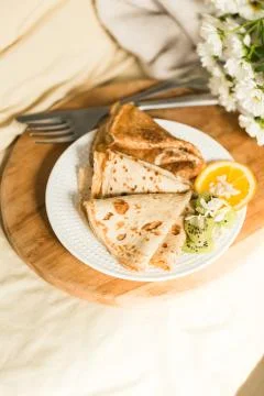 Romantic breakfast with pancakes Stock Photos