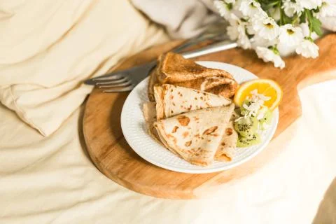 Romantic breakfast with pancakes Stock Photos