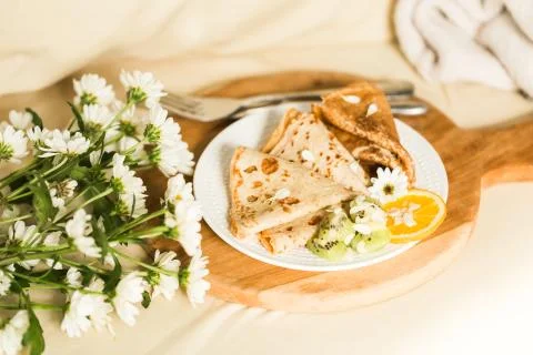 Romantic breakfast with pancakes Stock Photos