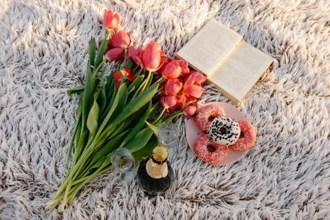 Romantic breakfast on the sandy beach. Photo session on a blanket with tulips Stock Photos