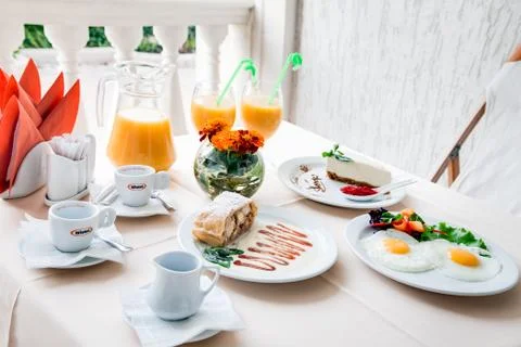 Romantic breakfast for two on table Stock Photos