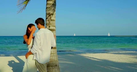 Romantic Bride and Groom on Tropical Beach, Palm Trees Stock Footage