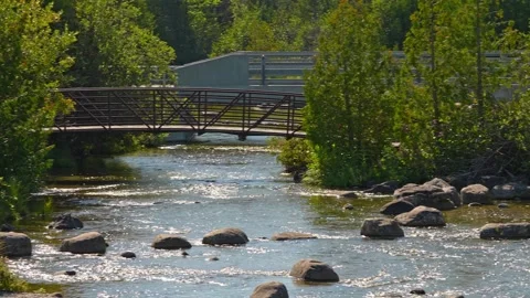 Romantic bridge in the Manitou River Park near Sandfield Dam, Lake Manitou .. Stock Footage 258793950