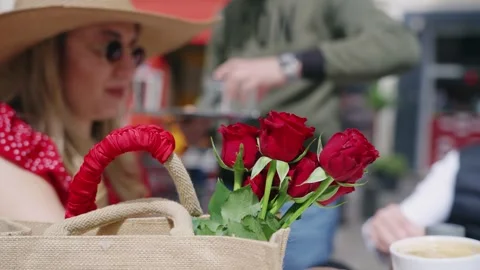 Romantic Cafe Date: Red Roses and Coffee in Marseille Stock Footage 332484463