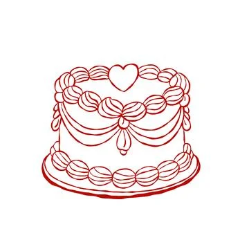 Romantic cake with bow and heart red line drawing Stock Illustration