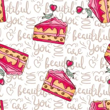 Romantic cakes seamless pattern illustration with quotes. You are beautiful text Stock Illustration