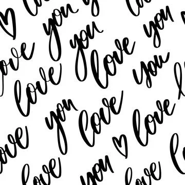 Romantic calligraphy seamless pattern with phrase Love you. Hand drawn cursiv Stock Illustration