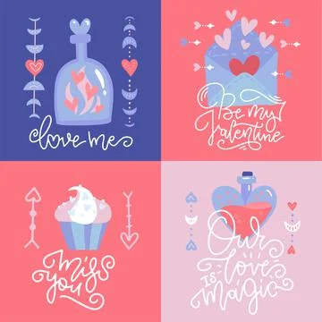 Romantic cards collection. Vector square banners set of love theme in boho style Illustrazione stock