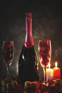 Romantic Champagne Setting With Roses Stock Photos