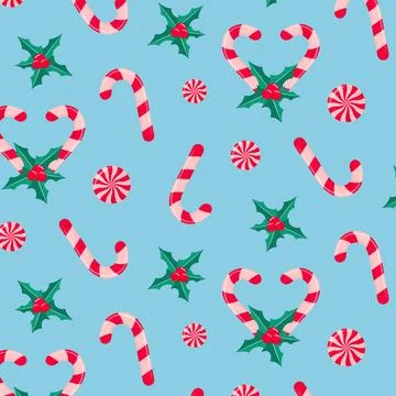 Romantic Christmas pattern with candy canes, holly leaves and berries, pepper Illustrazione stock