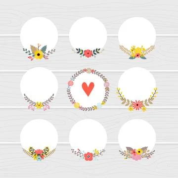 Romantic collection with floral round frames. Cute flower bouquets perfect .. Stock Illustration