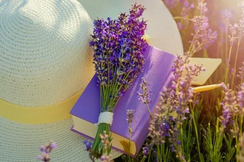 A romantic composition - a female straw hat with an yellow bow, a bouquet of Stock Photos