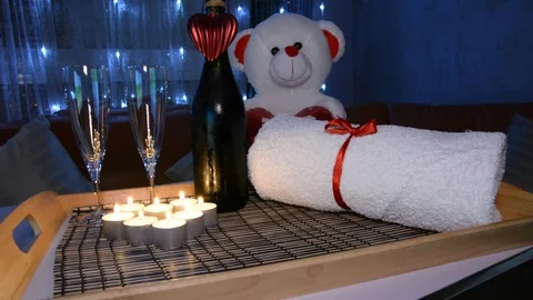 Romantic composition with two glasses for wine and candles. St.Valentine’s Day b Vídeos de archivo 101759912