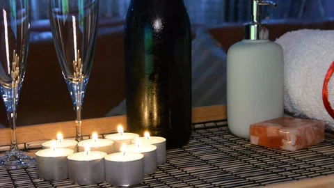 Romantic composition with two glasses for wine and candles. St.Valentine’s Day b 스톡 동영상 101759952