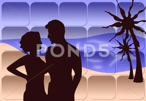 A Romantic Couple on the Beach Stock Illustration
