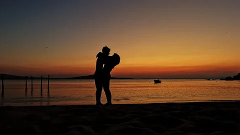 Romantic Couple Dance Dip at Sunset Beach Silhouette Video stock 335522687