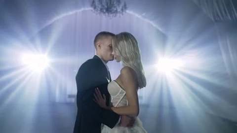 Romantic couple dancing first wedding dance in event location Stock Footage 305039434