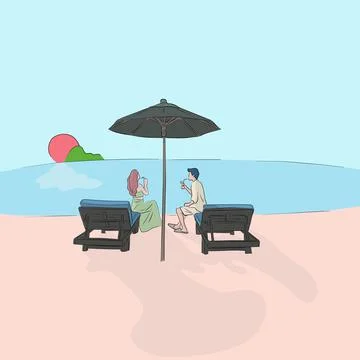 Romantic couple dining on the beach at sunset with pastel color illustration Stock Illustration