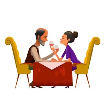 Romantic couple drinking wine in cafe. Illustration of mature happy couple Stock Illustration