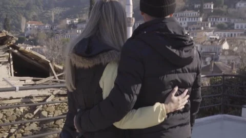 Romantic Couple Embracing, Looking Out Over Historic Şirince Village View Stock Footage 322138358