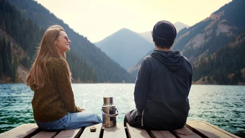 Romantic couple first date romance a nature share love taking care of each other Stock Footage 104047433