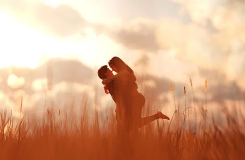 Romantic couple in grass field,3d rendering Stock Illustration