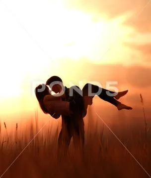 Romantic couple in grass field,3d rendering Stock Illustration