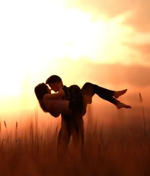 Romantic couple in grass field,3d rendering Stock Illustration