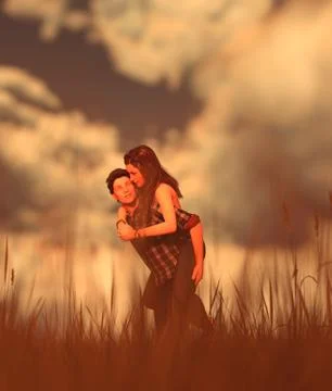 Romantic couple in grass field,3d rendering Stock Illustration