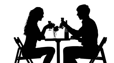Romantic couple having dinner, clinking glasses. silhouette Stock Footage 49735263