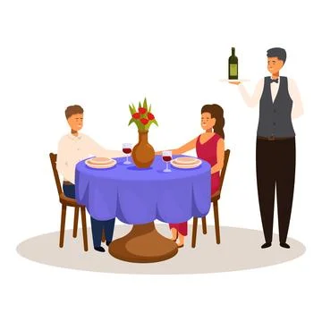 Romantic couple having dinner date with waiter serving wine at restaurant table Illustration