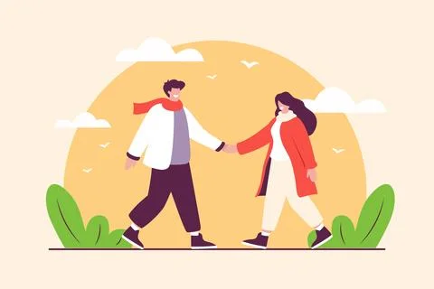 Romantic Couple Holding Hands at Sunset. Valentines Day Holiday. Stock Illustration
