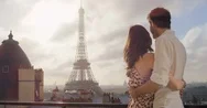 Romantic Couple In Paris Eiffel Tower Embrace Kissing Honeymoon Enjoying Stock Footage