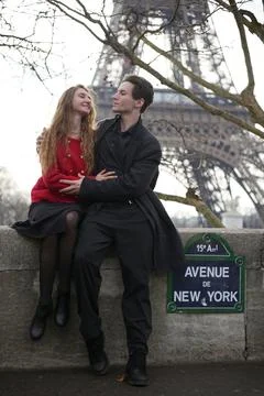 Romantic Couple Posing Near Eiffel Tower in Paris Stock Photos