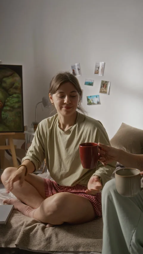 Romantic Couple Sharing Hot Coffee in Cozy Morning Routine Stock Footage 345217783