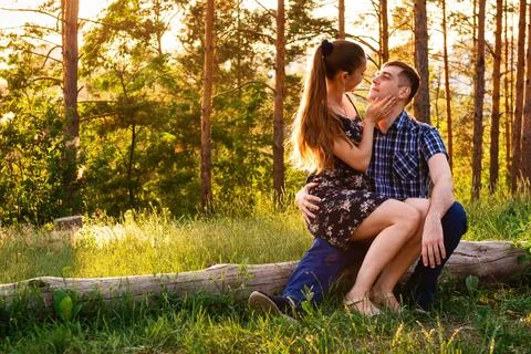 Romantic couple sits on a large tree trunk in a sunlit forest at sunset Stock Photos