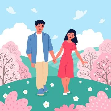 Romantic couple spring walk. Spending time in nature, happy people enjoying Ilustração Stock