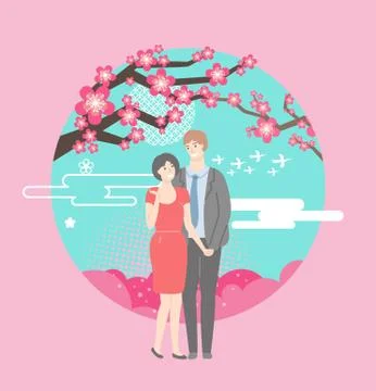 Romantic Couple Standing under Cherry Tree Blossom Ilustração Stock