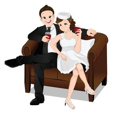 Romantic couple vector cartoon sitting on sofa and drinking ,wedding theme. 스톡 일러스트