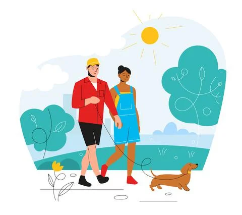 Romantic couple walks. Happy guy and girl walking together through summer park Ilustração Stock